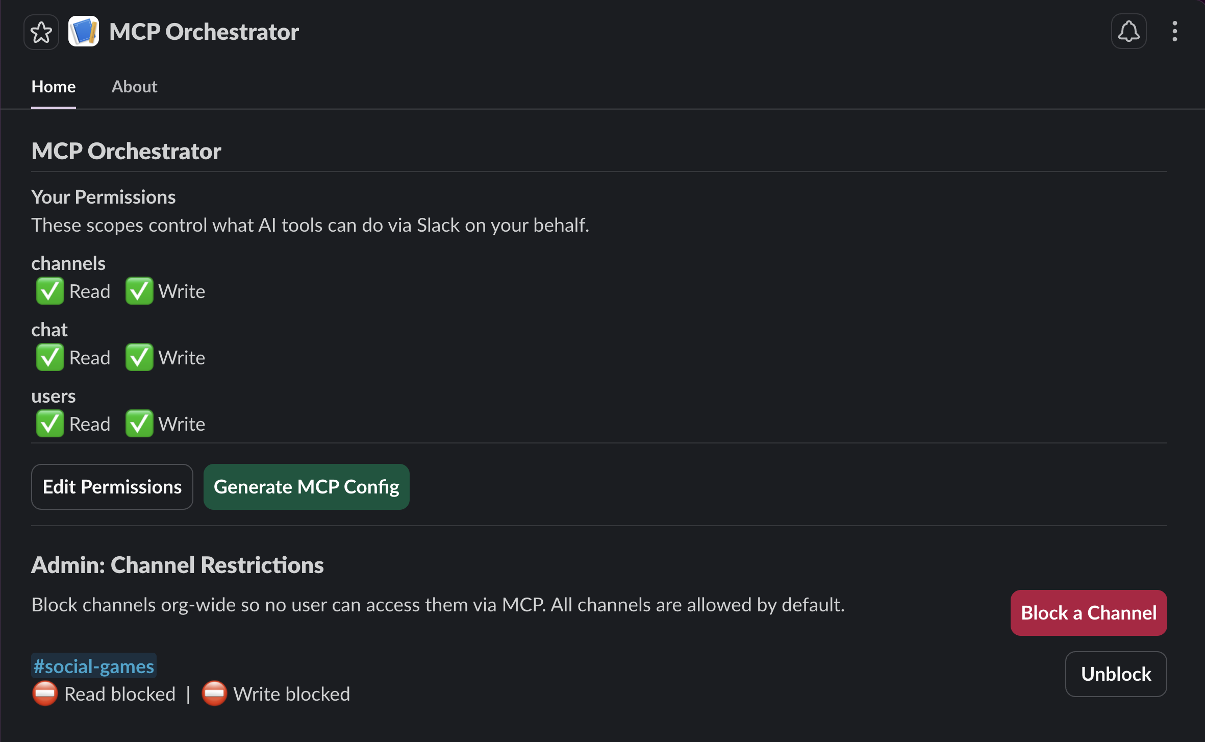 MCP Orchestrator Slack App Home showing user permissions, MCP config generation, and admin channel restrictions
